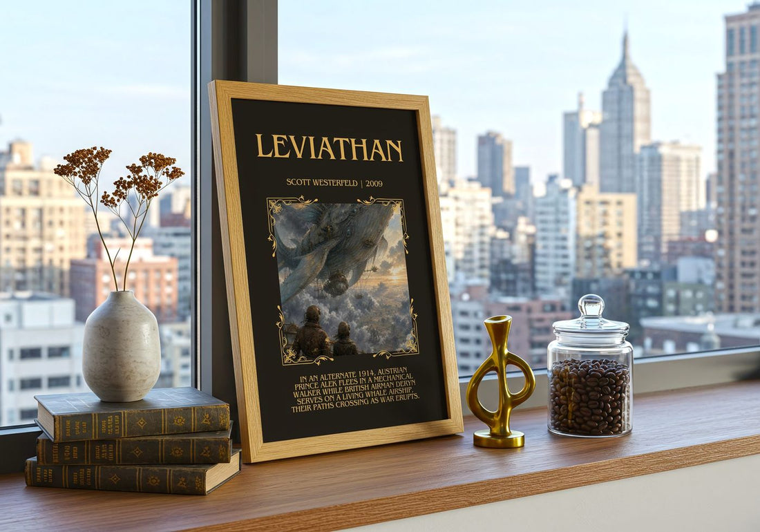 Leviathan Minimalist Book Poster by Scott Westerfeld – framed print on a city-view windowsill