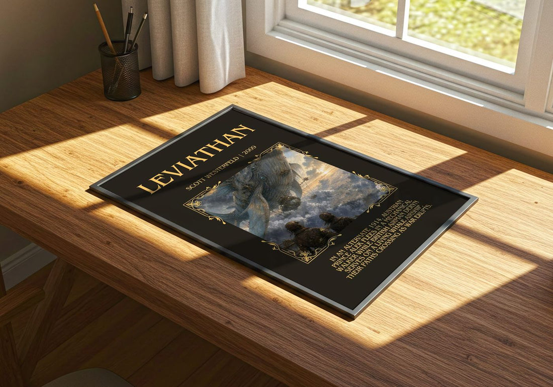 Leviathan Minimalist Book Poster by Scott Westerfeld – print on a sunlit desk