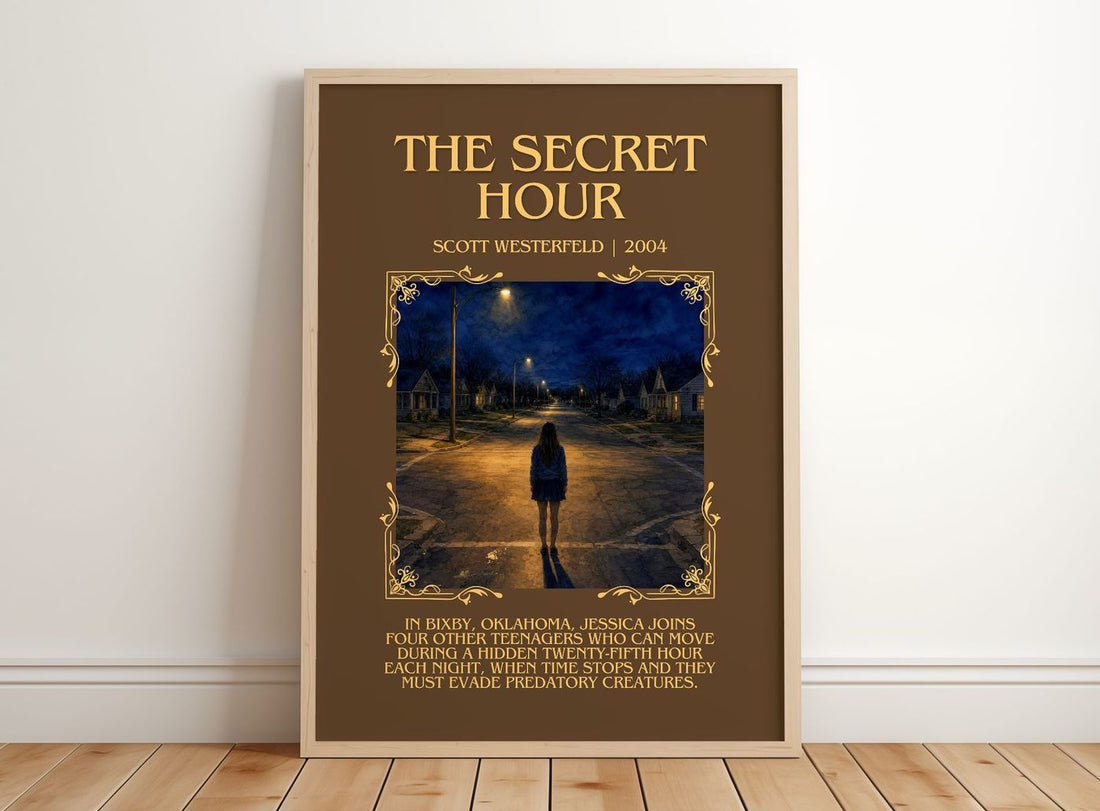 The Secret Hour Minimalist Book Poster by Scott Westerfeld – framed print leaning on a wooden floor
