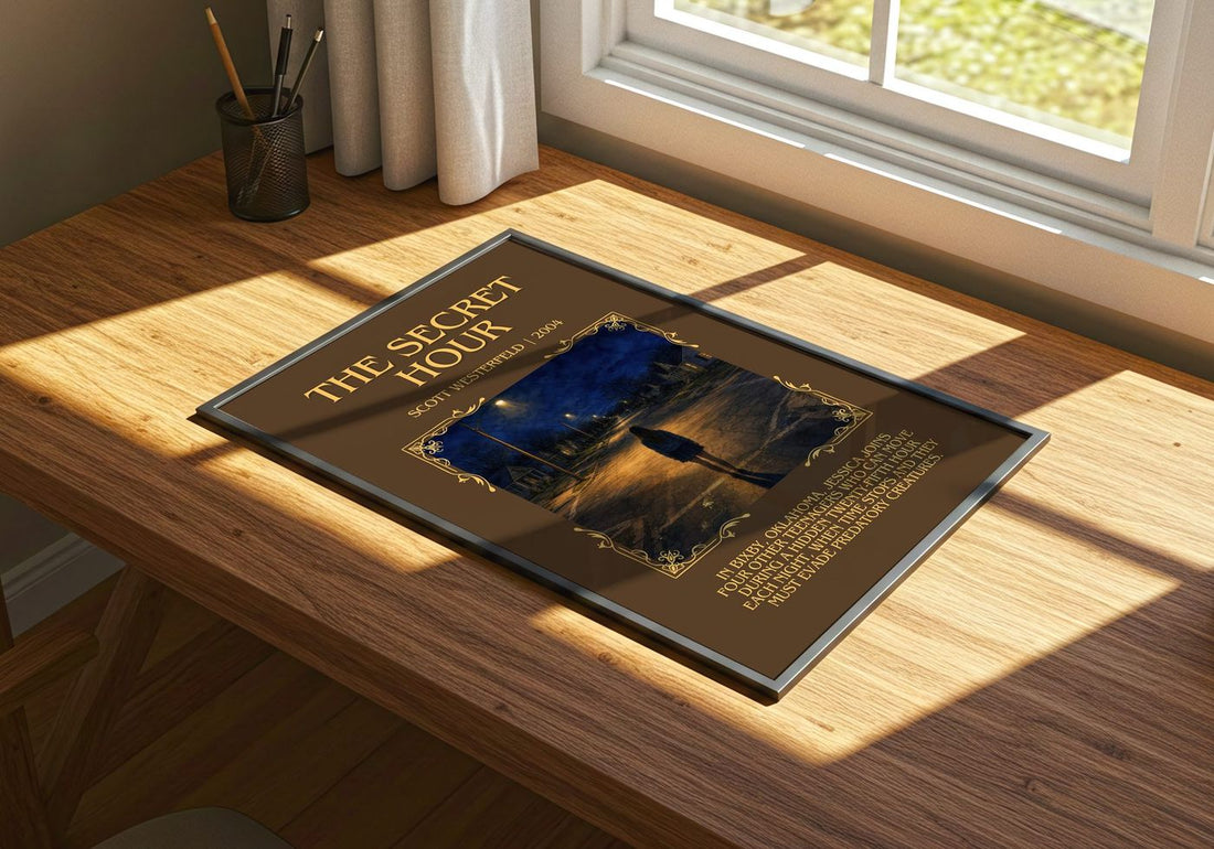 The Secret Hour Minimalist Book Poster by Scott Westerfeld – print on a sunlit desk
