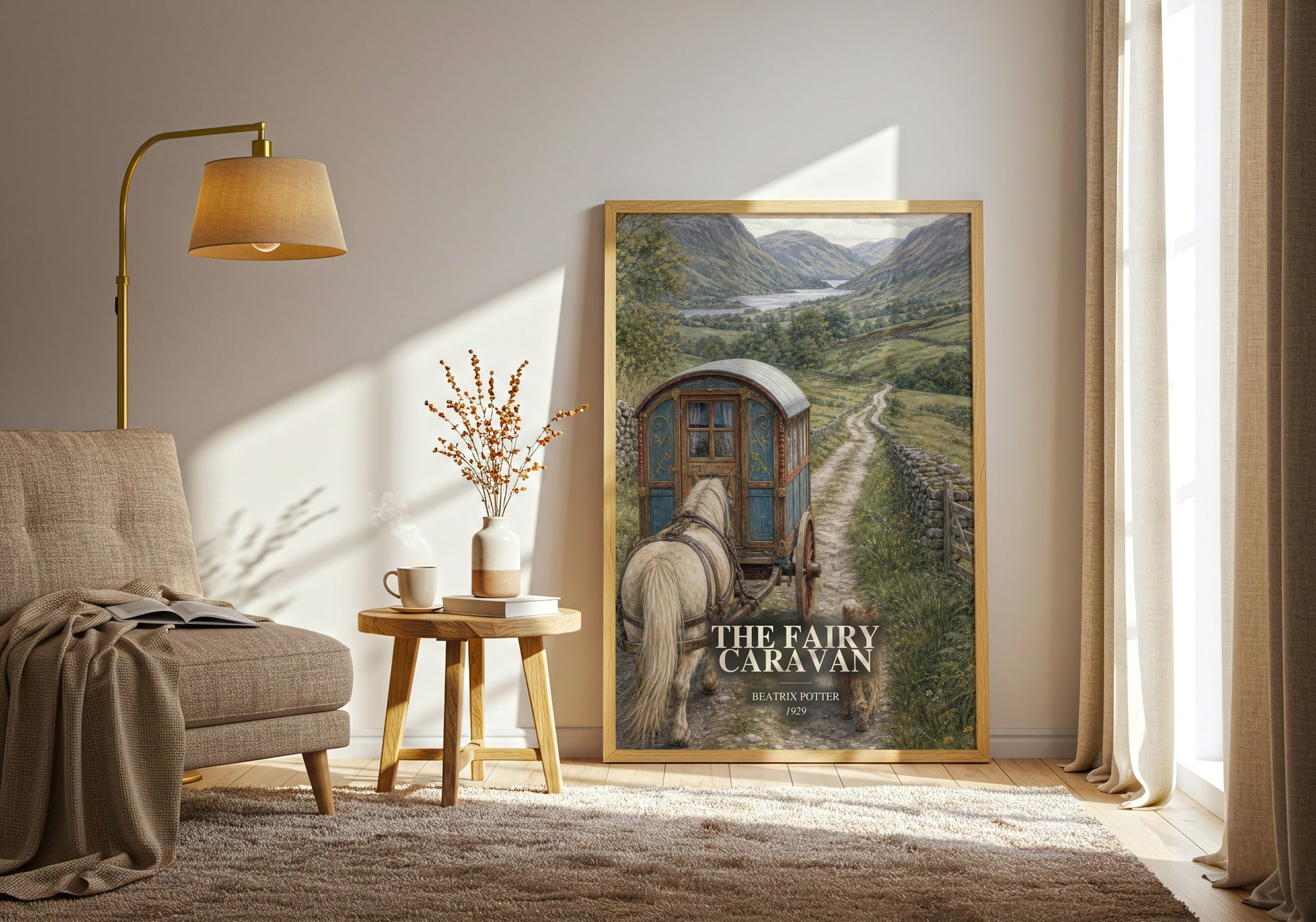The Fairy Caravan watercolour print in frame leaning in hallway – childrens wall art