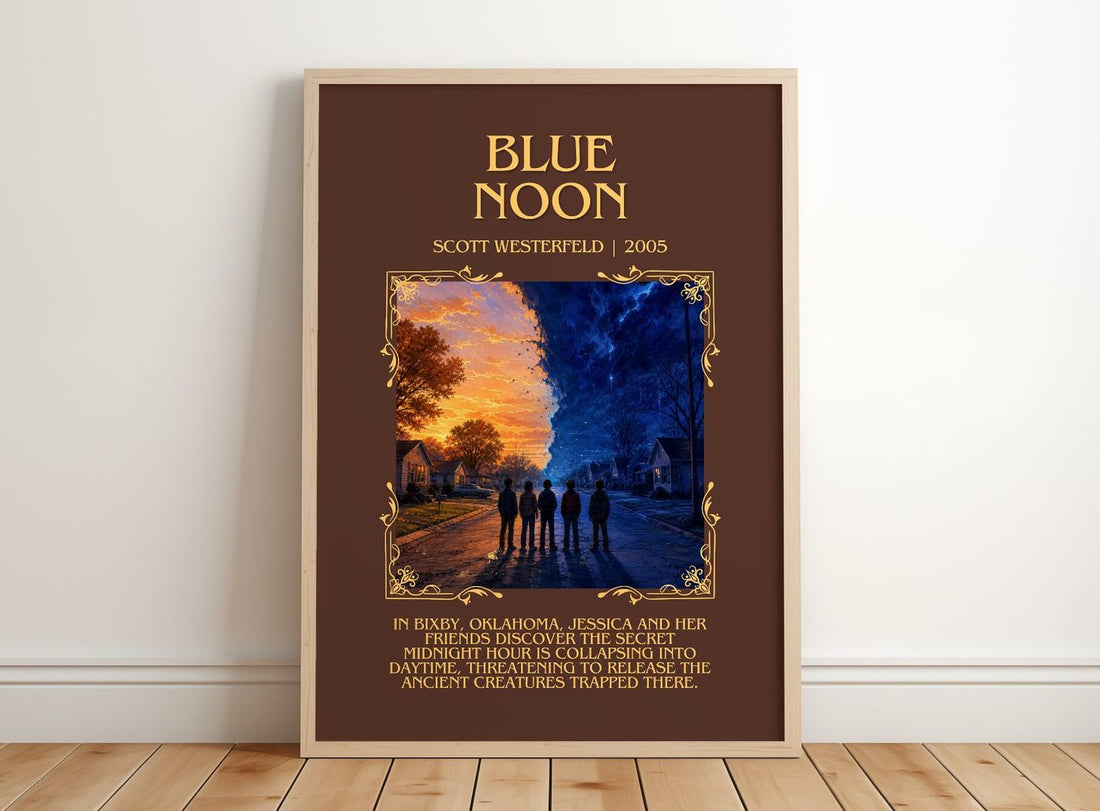 Blue Noon Minimalist Book Poster by Scott Westerfeld – framed print leaning on a wooden floor