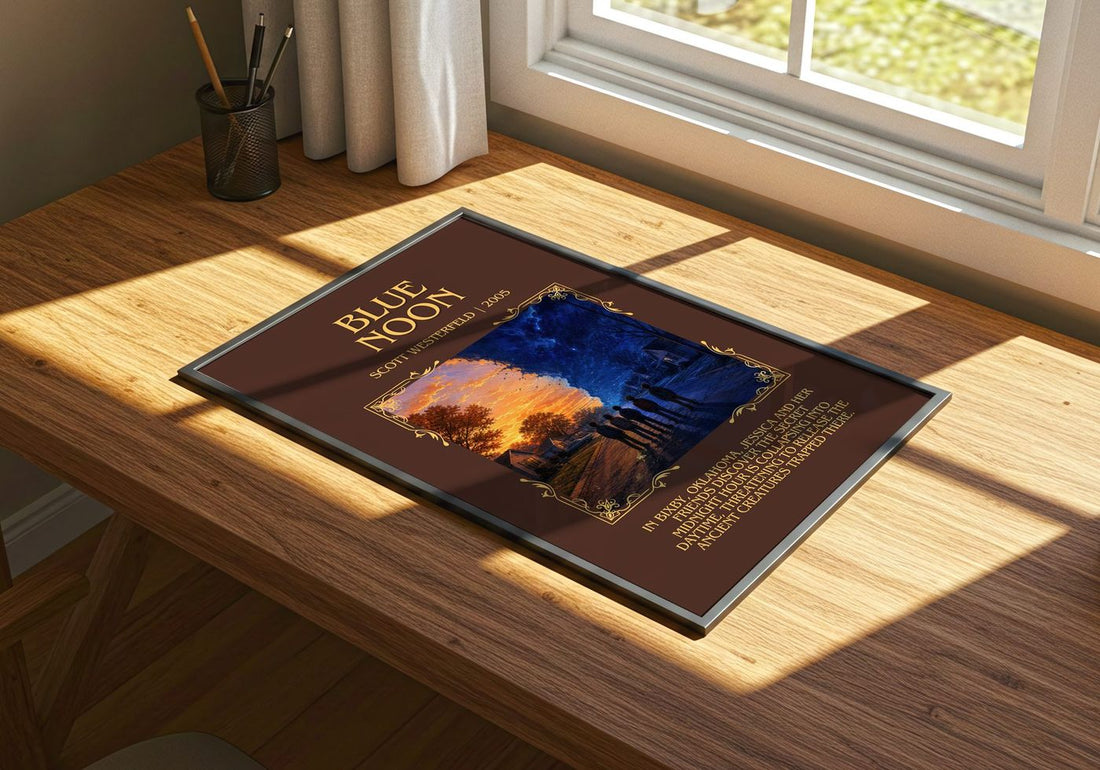 Blue Noon Minimalist Book Poster by Scott Westerfeld – print on a sunlit desk