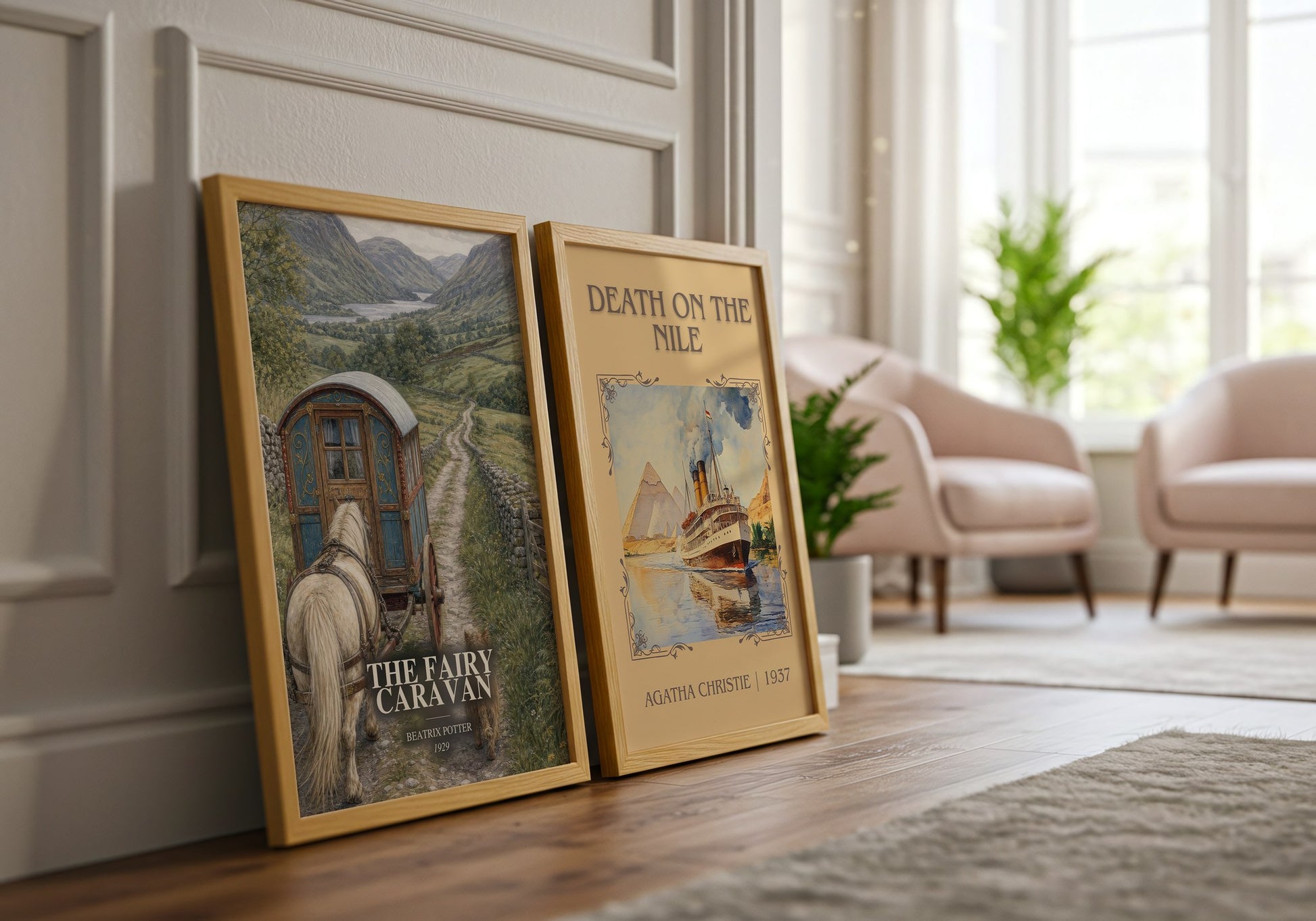 The Fairy Caravan watercolour print framed by window – literary home decor