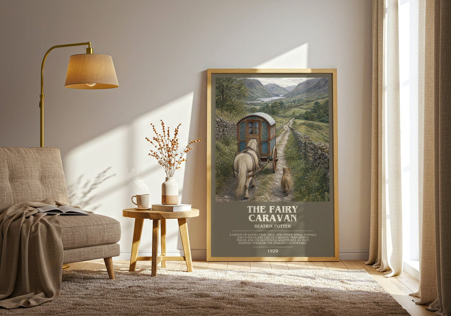The Fairy Caravan bookish print on bookshelf – Beatrix Potter fan gift