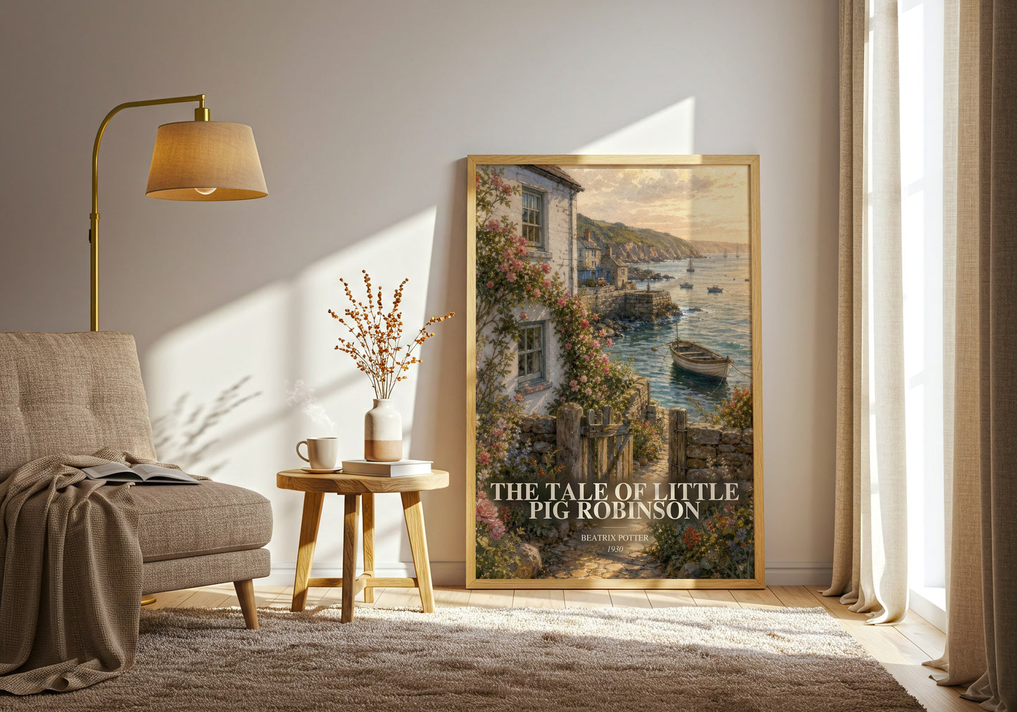 The Tale Of Little Pig Robinson watercolour print in frame leaning in hallway – childrens wall art