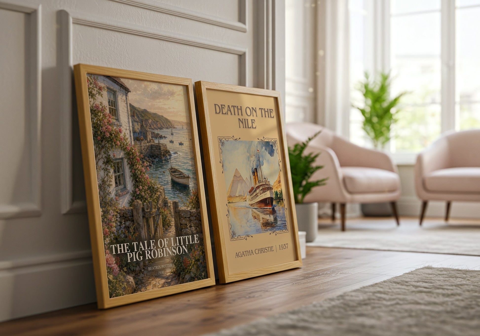 The Tale Of Little Pig Robinson watercolour print framed by window – literary home decor
