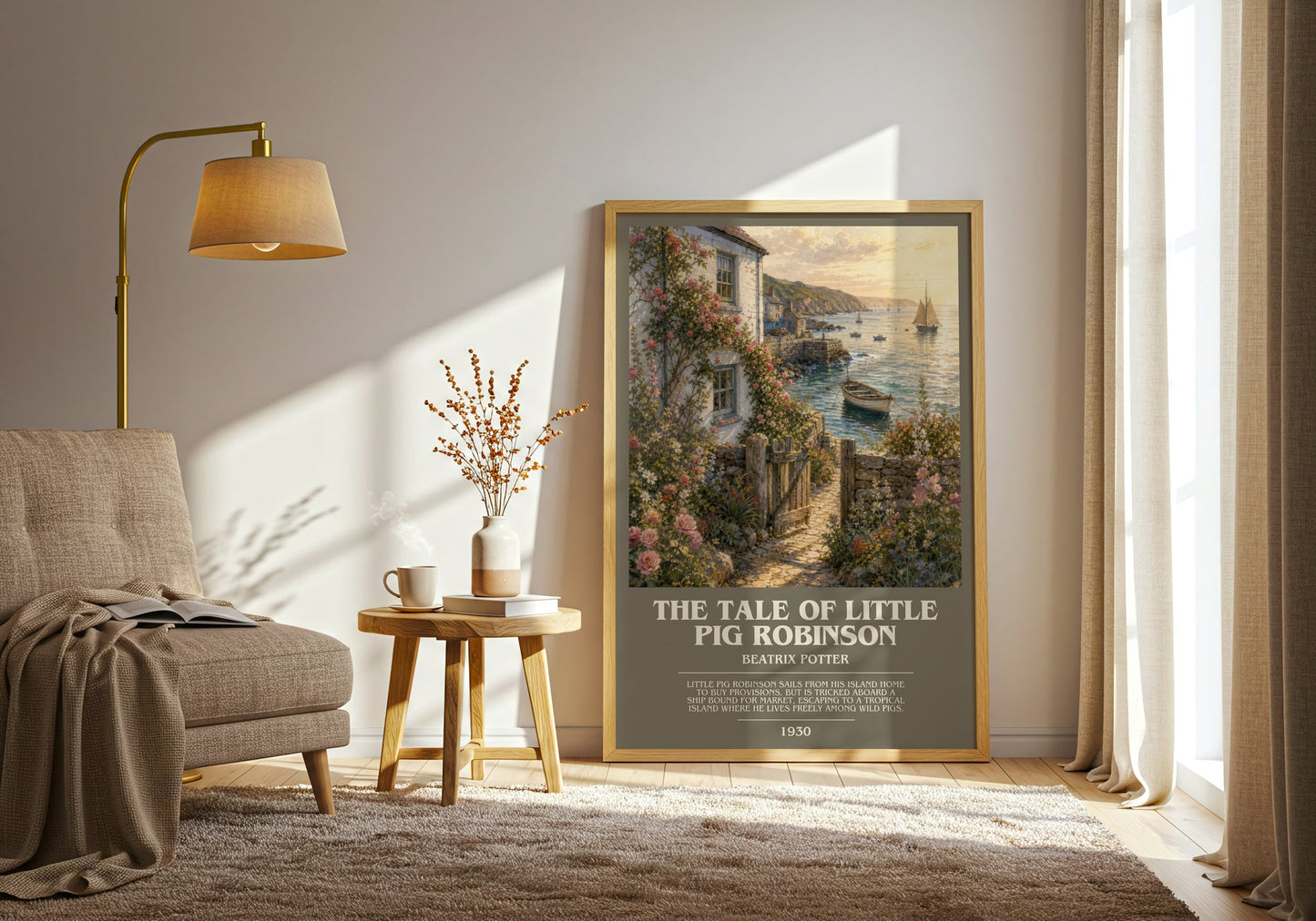 The Tale Of Little Pig Robinson bookish print on bookshelf – Beatrix Potter fan gift