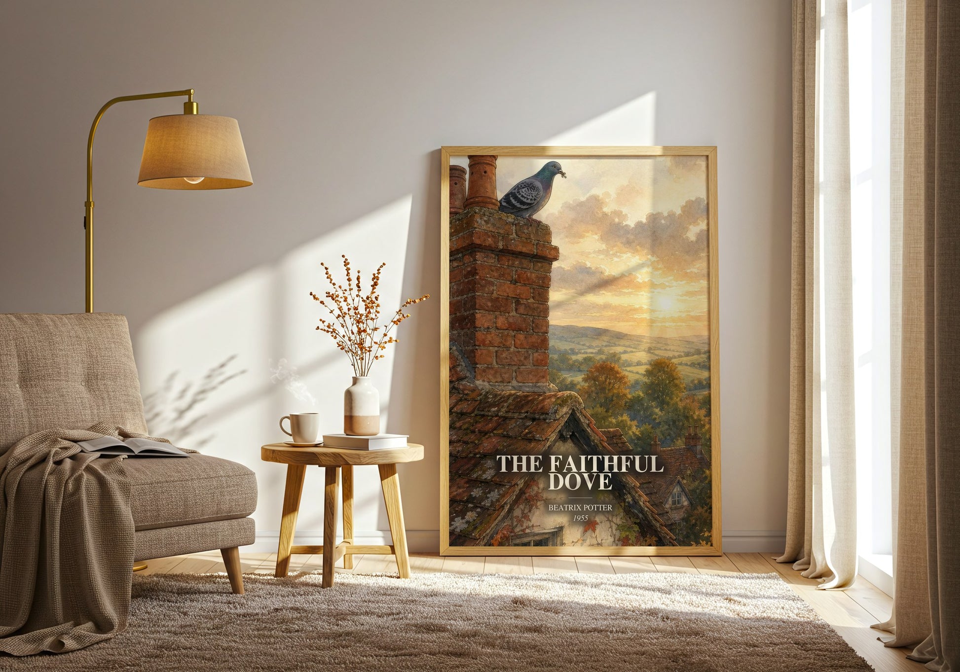 The Faithful Dove watercolour print in frame leaning in hallway – childrens wall art