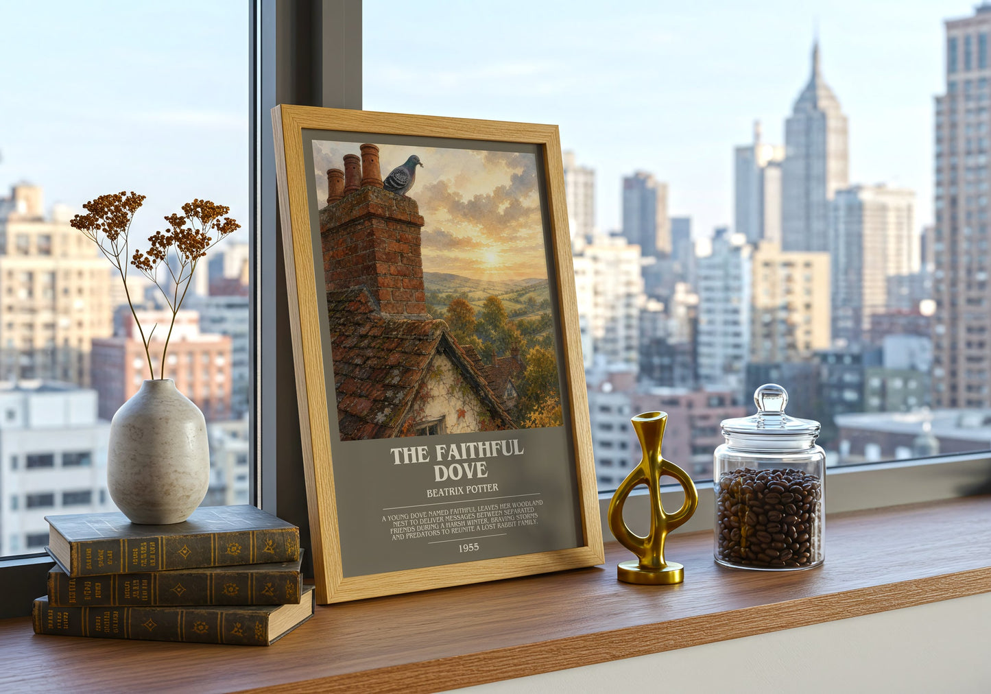 The Faithful Dove bookish print framed by window – literary home decor