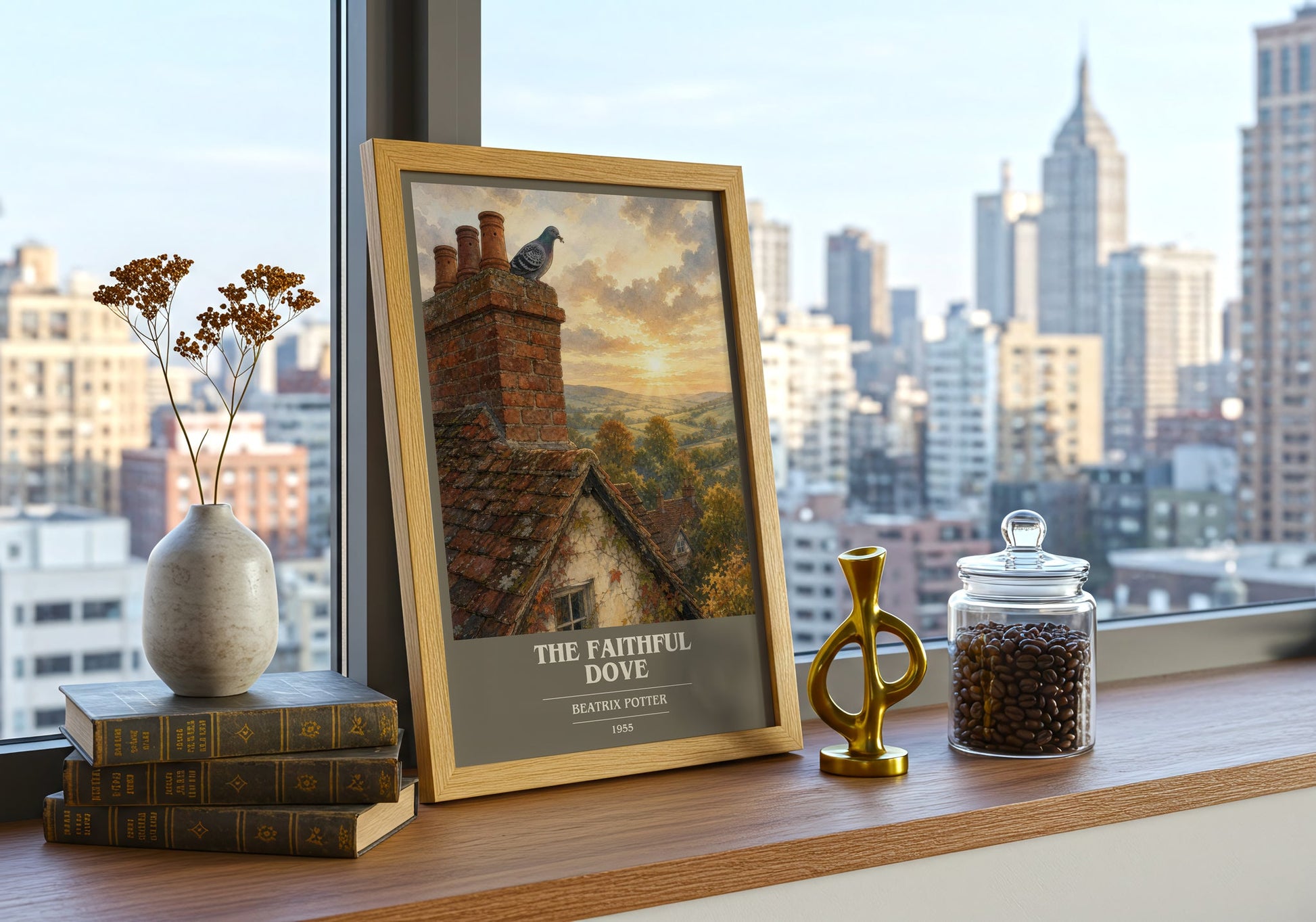 The Faithful Dove book cover print framed by window – literary home decor