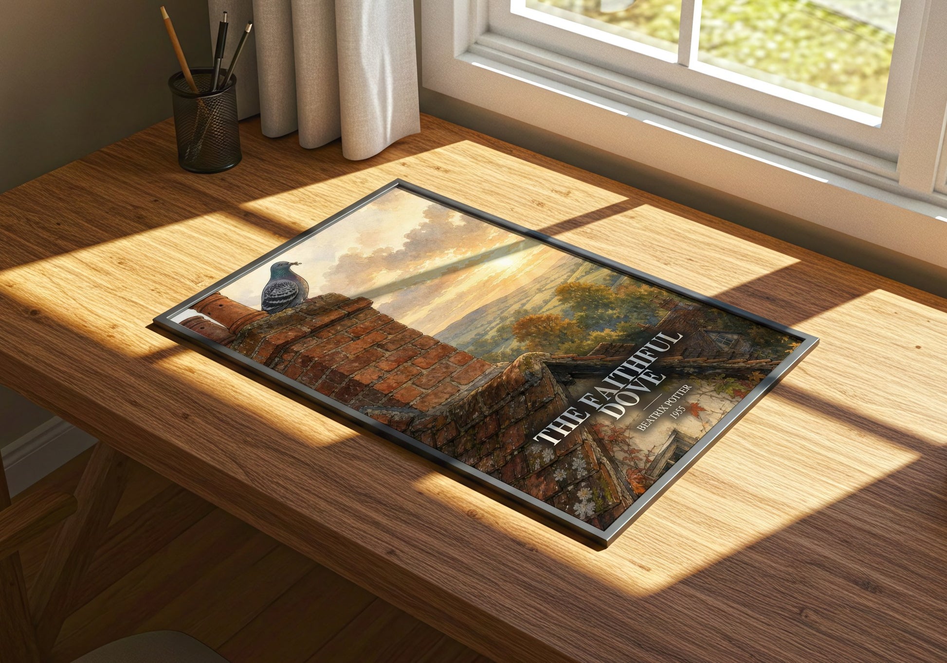 The Faithful Dove watercolour book poster framed on wall – childrens wall art