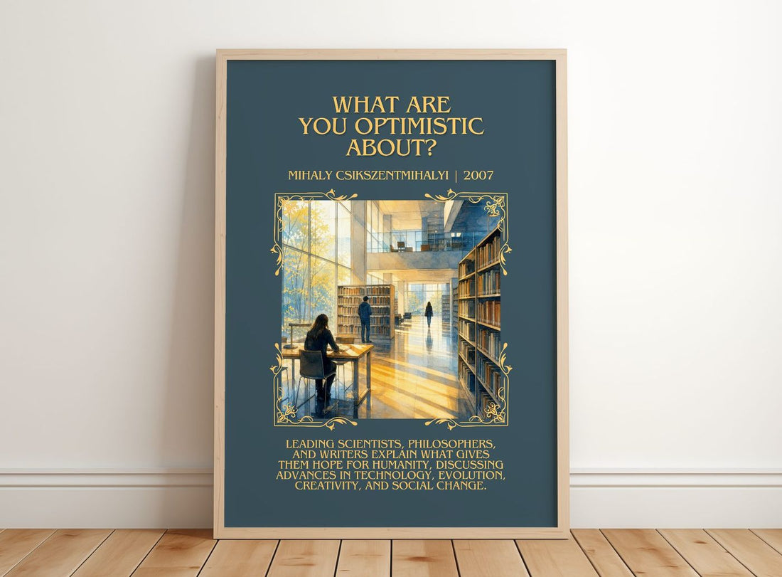 What Are You Optimistic About? Minimalist Book Poster – framed print leaning on a wooden floor
