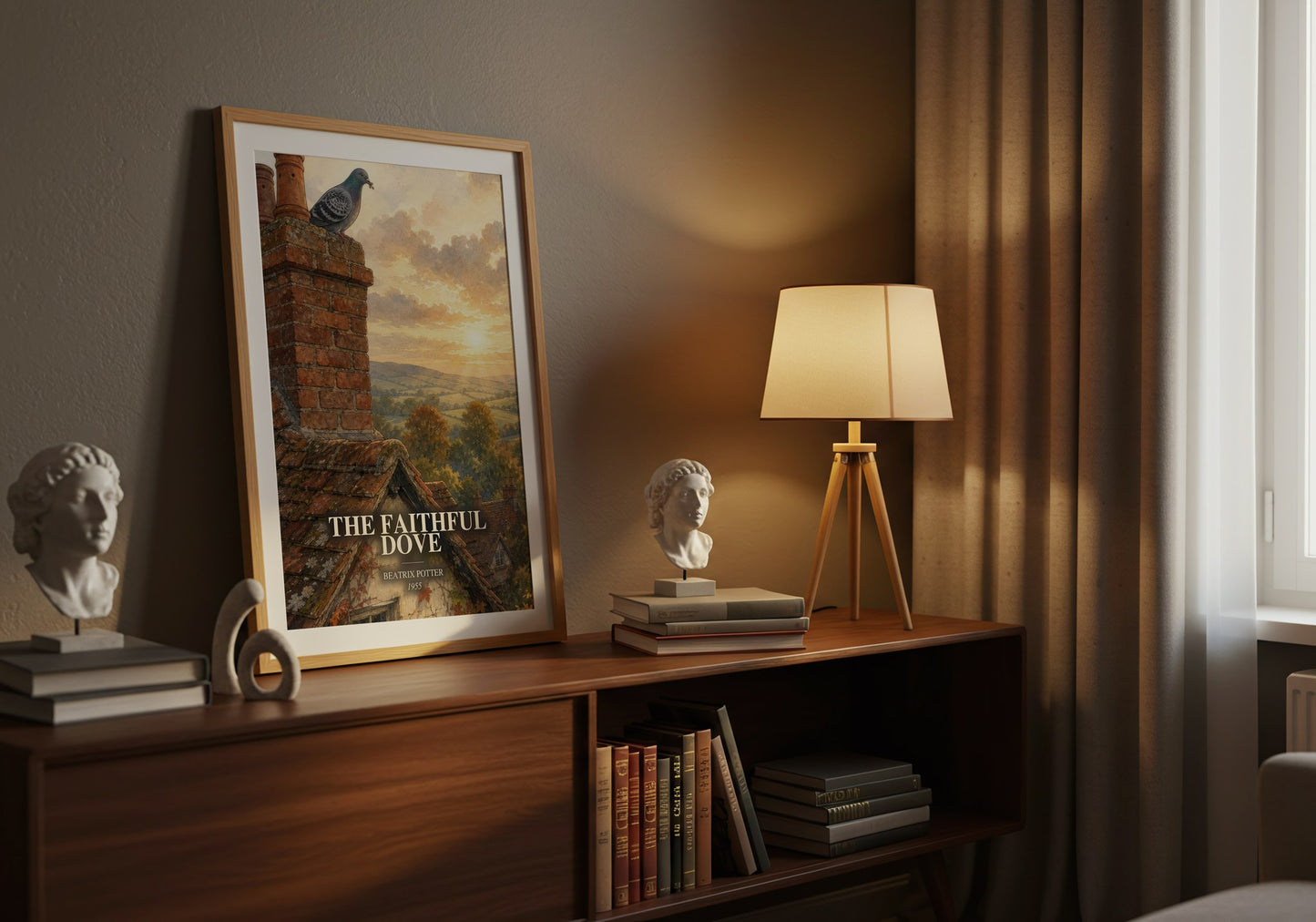 The Faithful Dove watercolour print on bookshelf – Beatrix Potter fan gift