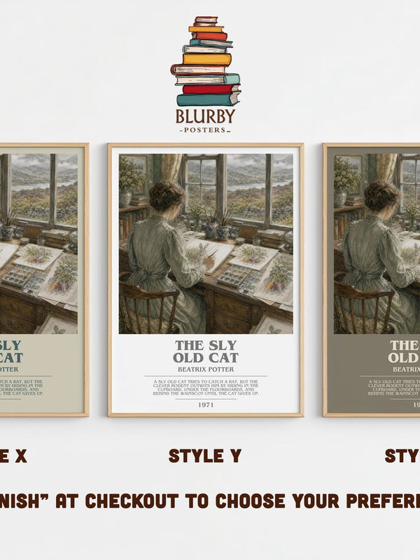 The Sly Old Cat bookish print in frame leaning in hallway – childrens wall art