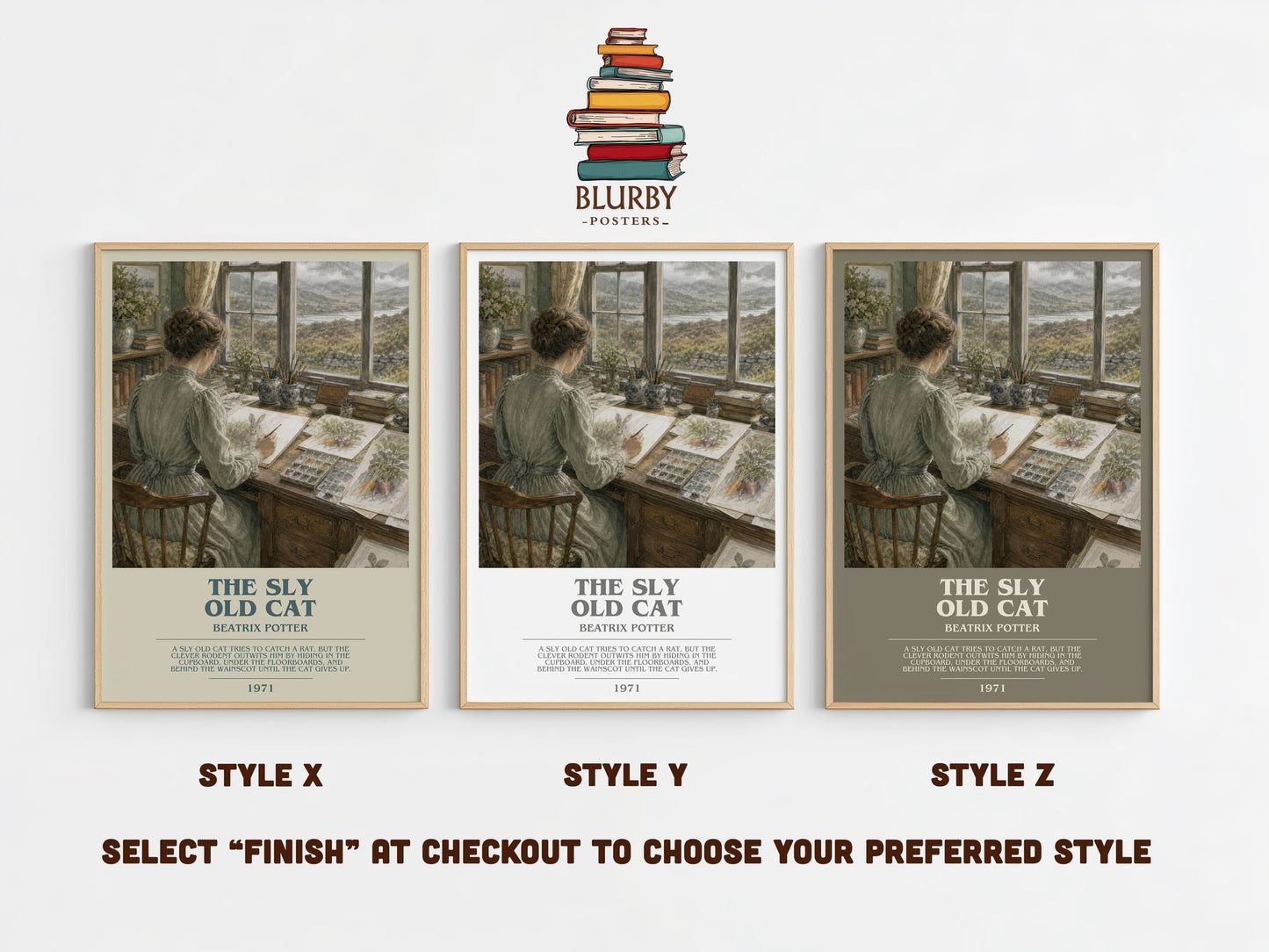 The Sly Old Cat bookish print in frame leaning in hallway – childrens wall art