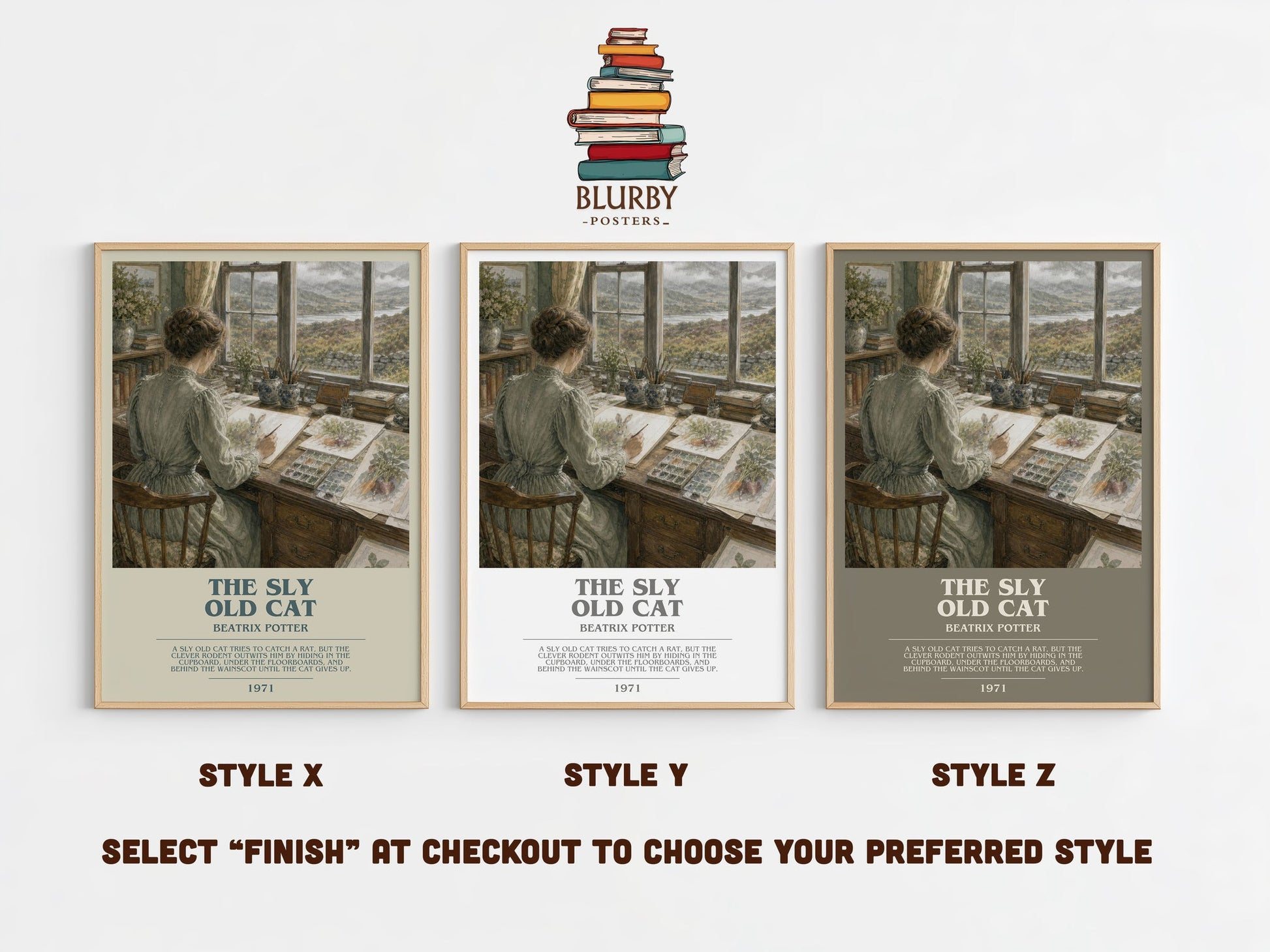 The Sly Old Cat bookish print in frame leaning in hallway – childrens wall art