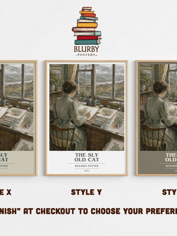 The Sly Old Cat book cover print in frame leaning in hallway – childrens wall art