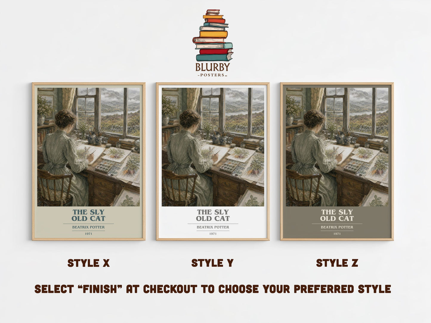 The Sly Old Cat book cover print in frame leaning in hallway – childrens wall art
