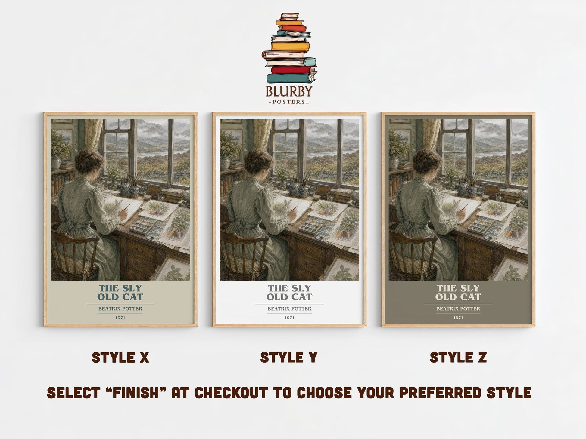 The Sly Old Cat book cover print in frame leaning in hallway – childrens wall art