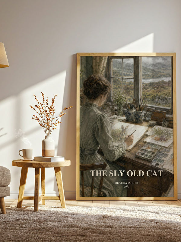 The Sly Old Cat watercolour print in frame leaning in hallway – childrens wall art