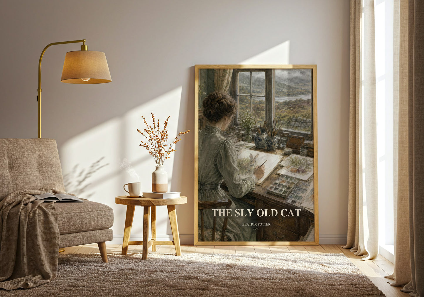 The Sly Old Cat watercolour print in frame leaning in hallway – childrens wall art