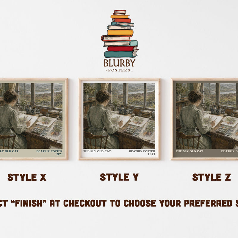The Sly Old Cat literary print in frame leaning in hallway – childrens wall art