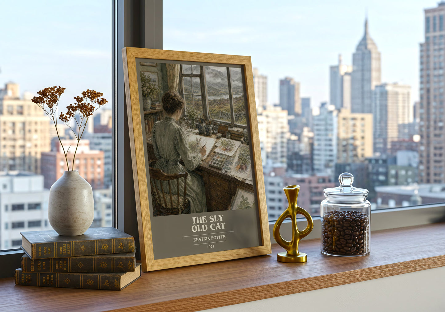 The Sly Old Cat book cover print framed by window – literary home decor