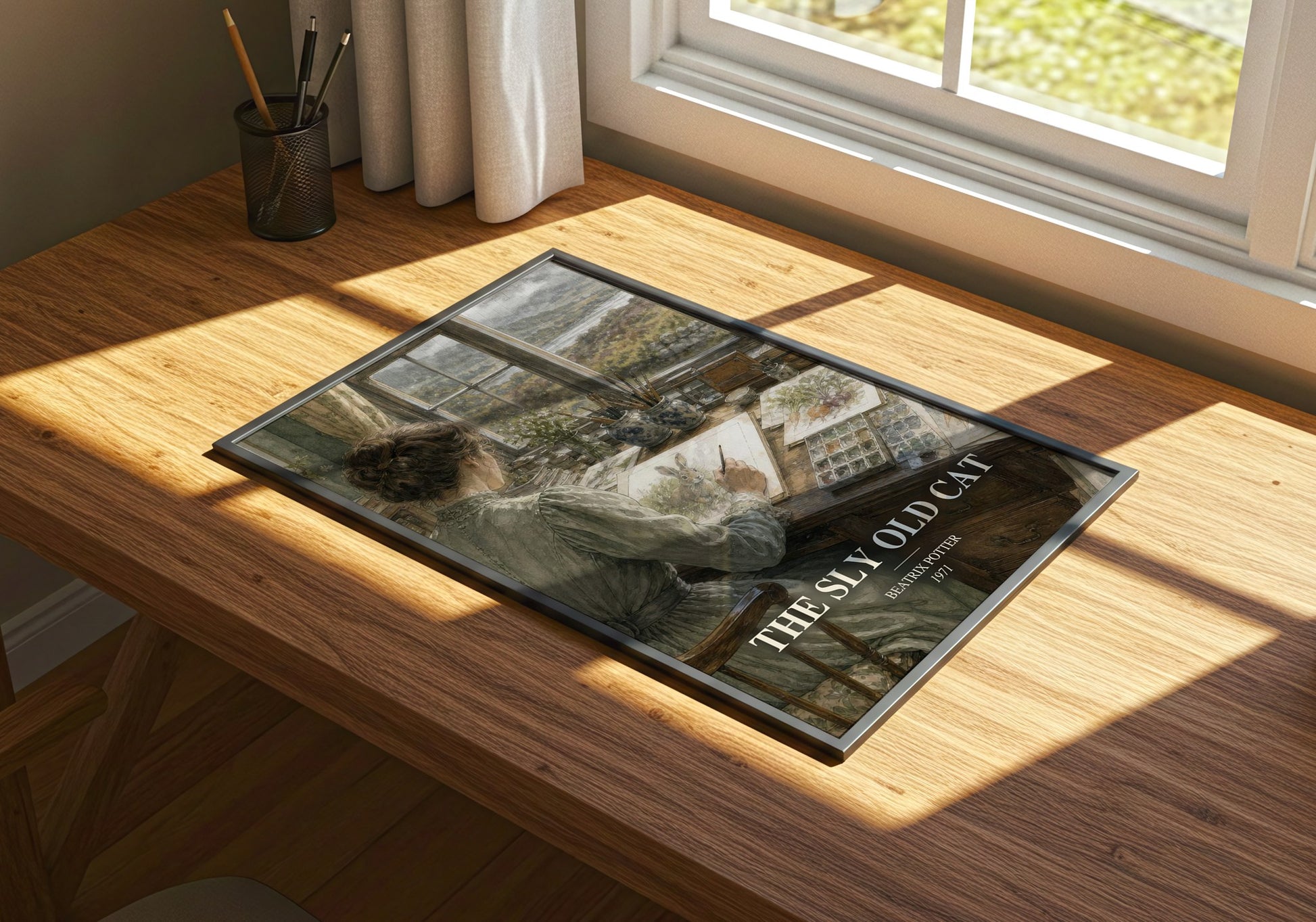 The Sly Old Cat watercolour book poster framed on wall – childrens wall art