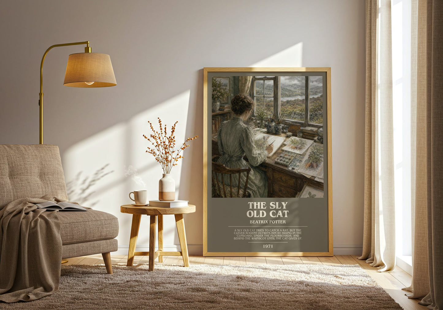 The Sly Old Cat bookish print on bookshelf – Beatrix Potter fan gift