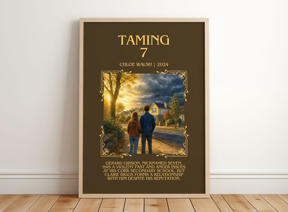 Taming 7 Minimalist Book Poster by Chloe Walsh – framed print leaning on a wooden floor