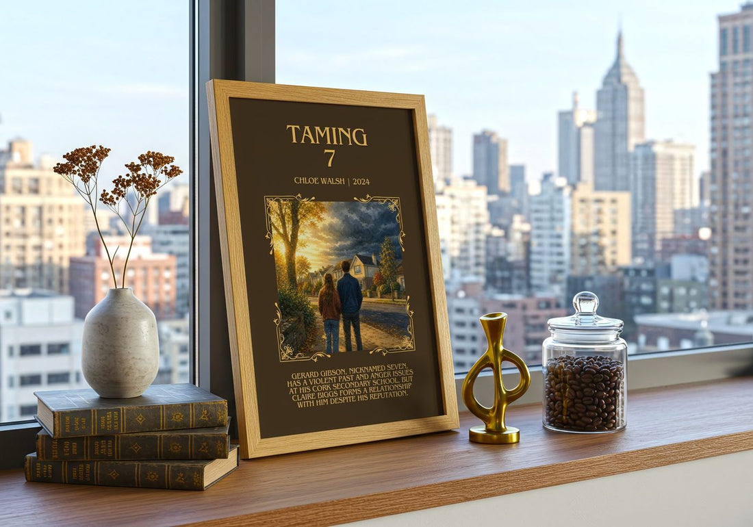 Taming 7 Minimalist Book Poster by Chloe Walsh – framed print on a city-view windowsill