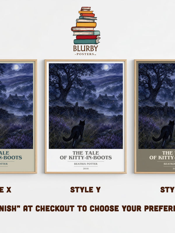The Tale Of Kitty-In-Boots book cover print in frame leaning in hallway – childrens wall art