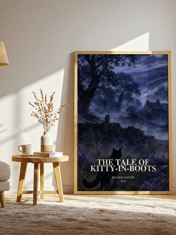 The Tale Of Kitty-In-Boots watercolour print in frame leaning in hallway – childrens wall art