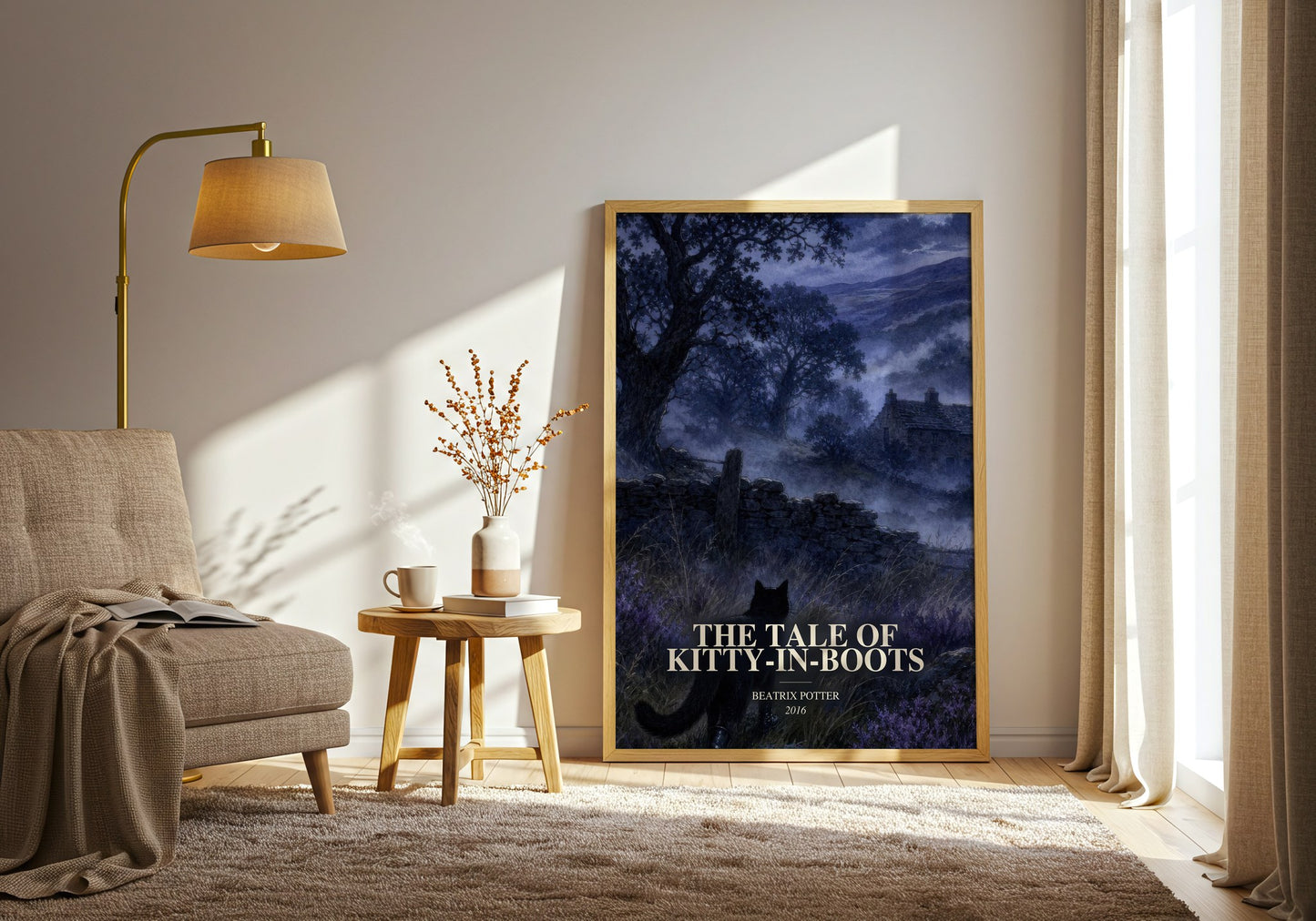 The Tale Of Kitty-In-Boots watercolour print in frame leaning in hallway – childrens wall art