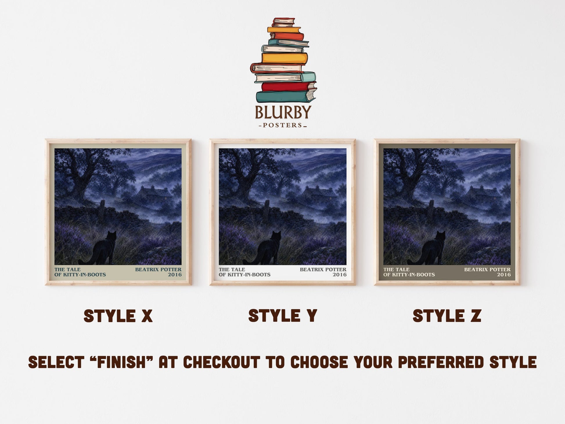 The Tale Of Kitty-In-Boots literary print in frame leaning in hallway – childrens wall art