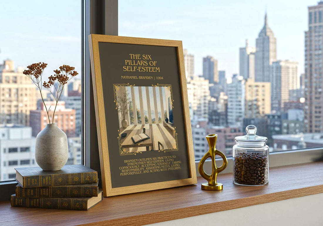 six pillars of self-esteem Minimalist Book Poster by Nathaniel Branden – framed print on a city-view windowsill