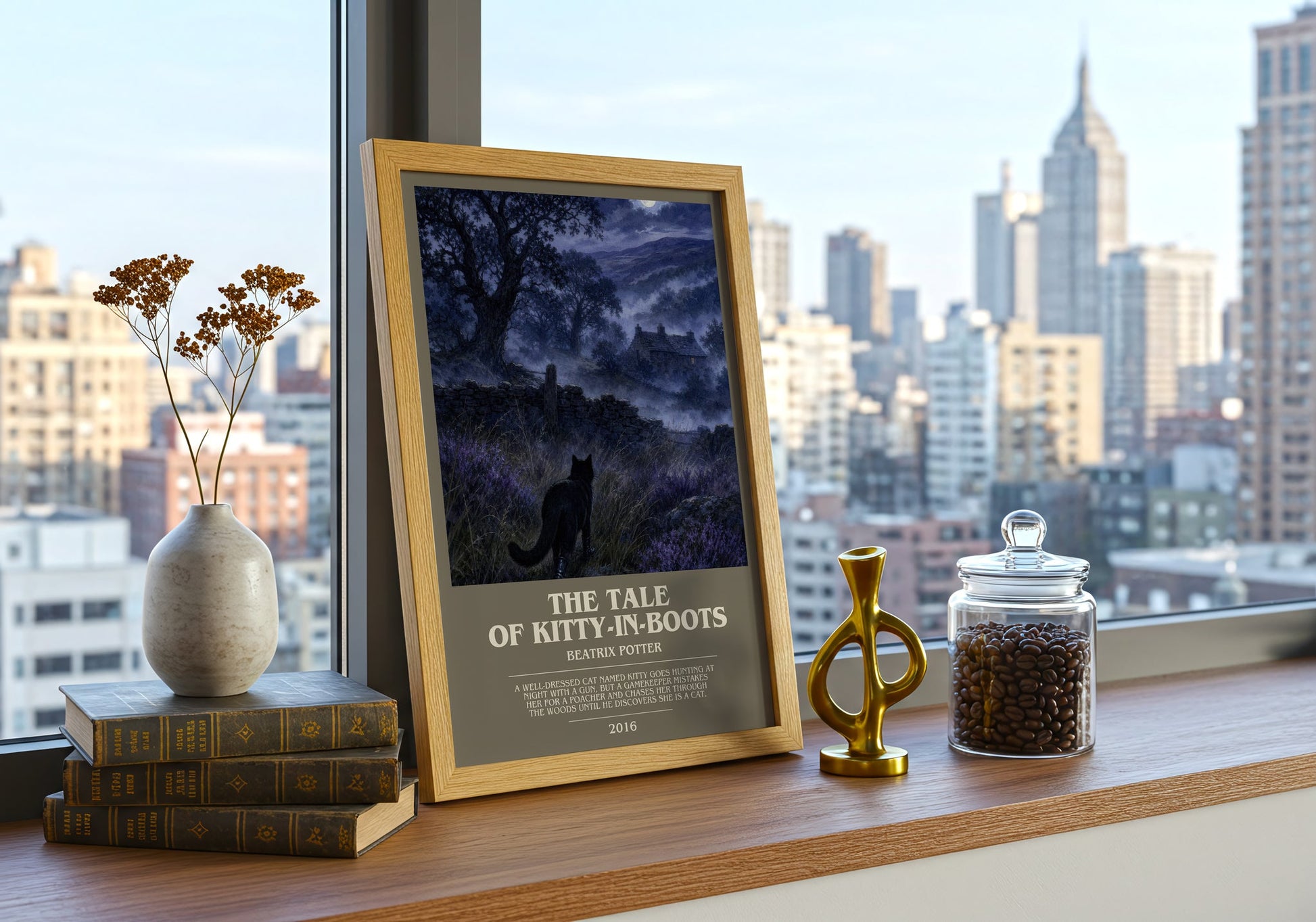 The Tale Of Kitty-In-Boots bookish print framed by window – literary home decor