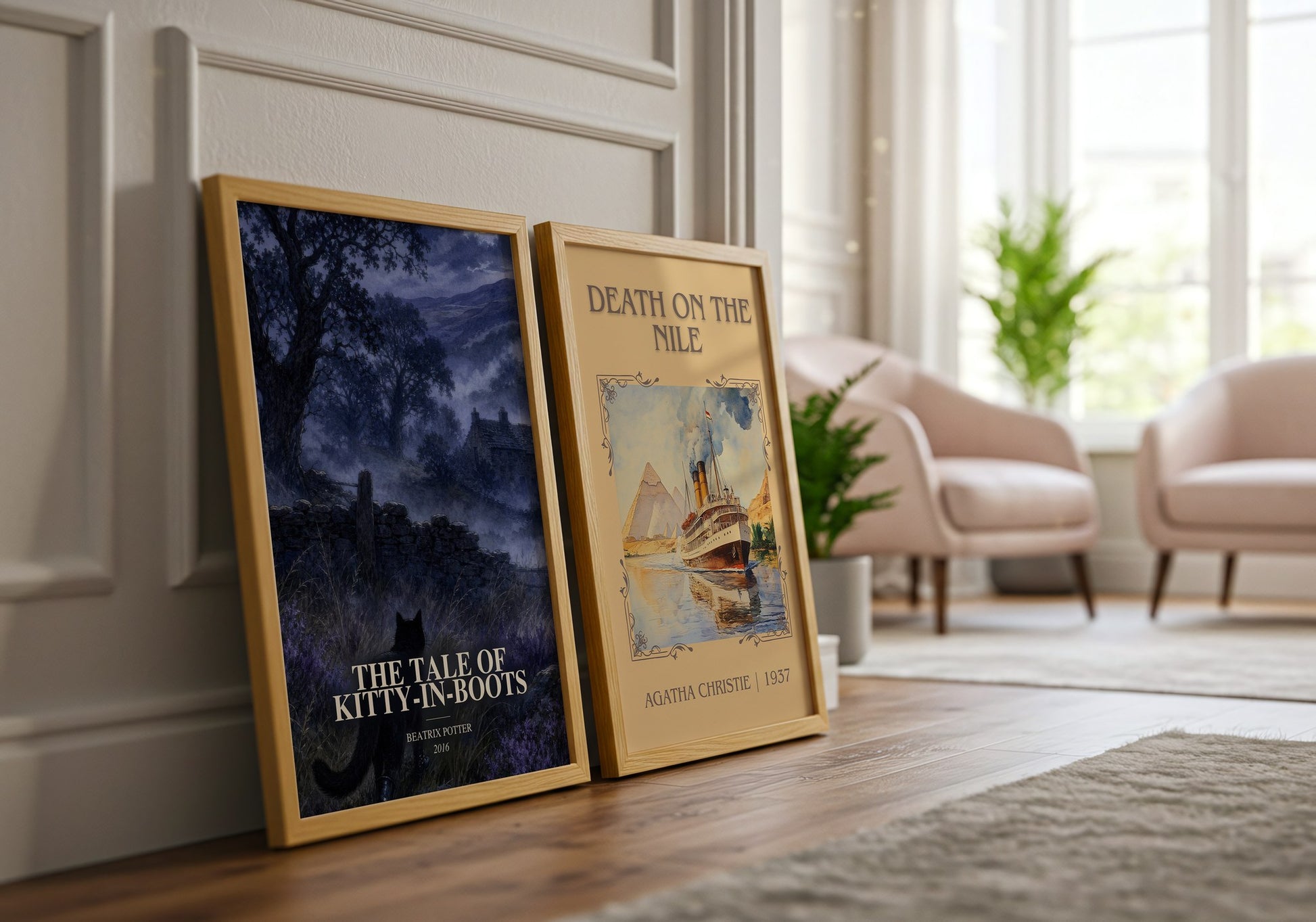 The Tale Of Kitty-In-Boots watercolour print framed by window – literary home decor