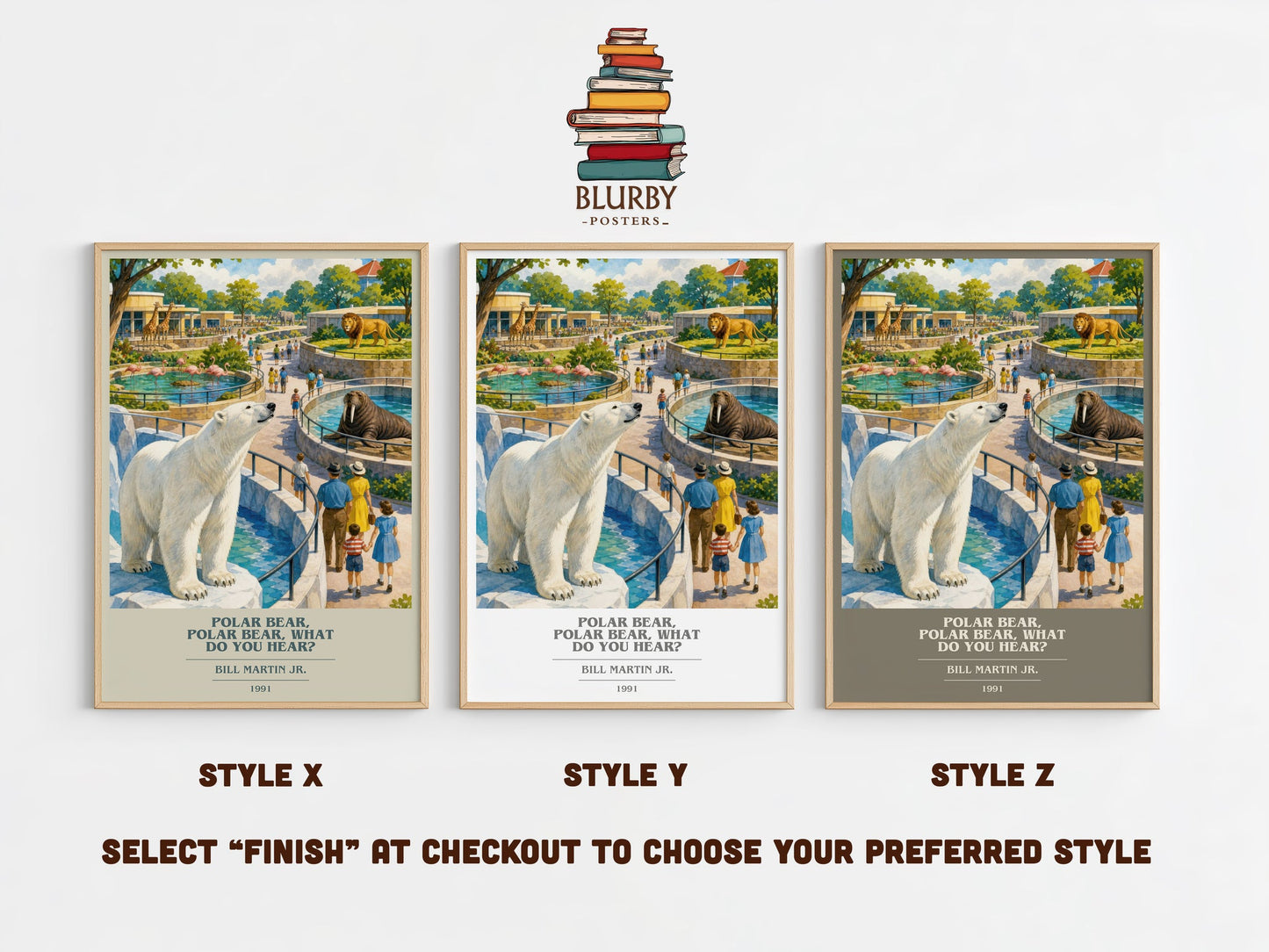 Polar Bear, Polar Bear, What Do You Hear? book cover print in frame leaning in hallway – childrens wall art
