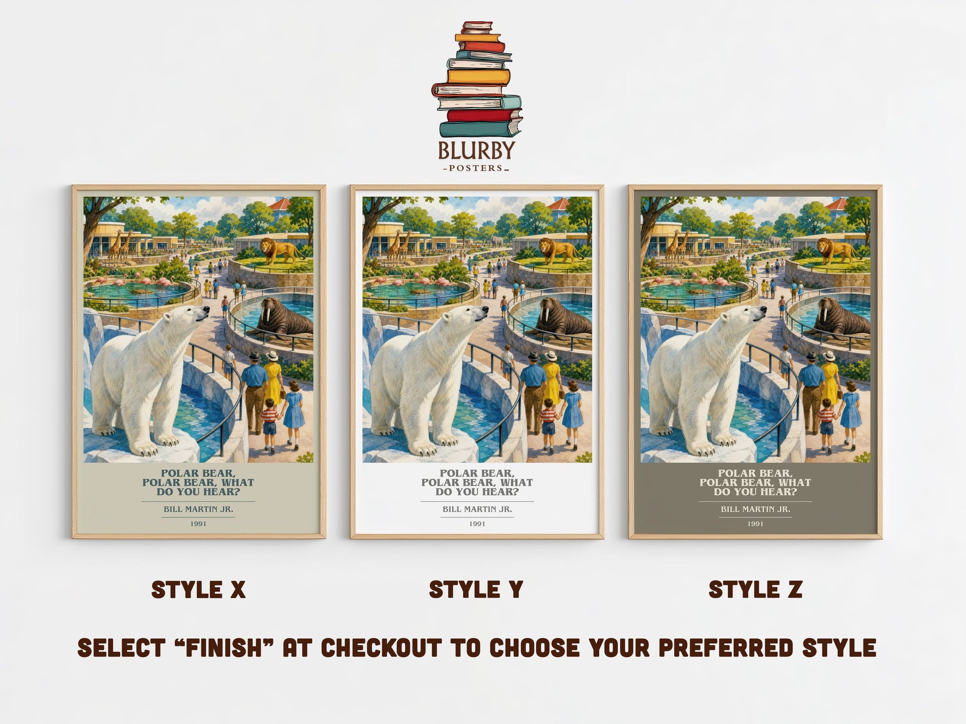 Polar Bear, Polar Bear, What Do You Hear? book cover print in frame leaning in hallway – childrens wall art