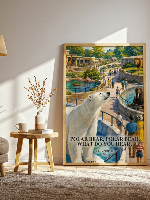 Polar Bear, Polar Bear, What Do You Hear? watercolour print in frame leaning in hallway – childrens wall art