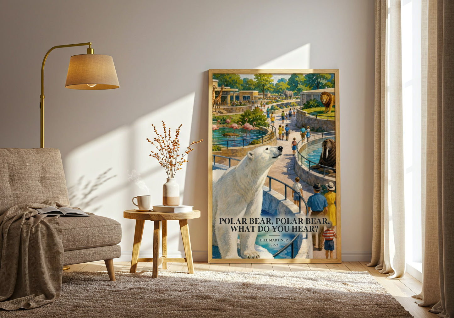 Polar Bear, Polar Bear, What Do You Hear? watercolour print in frame leaning in hallway – childrens wall art