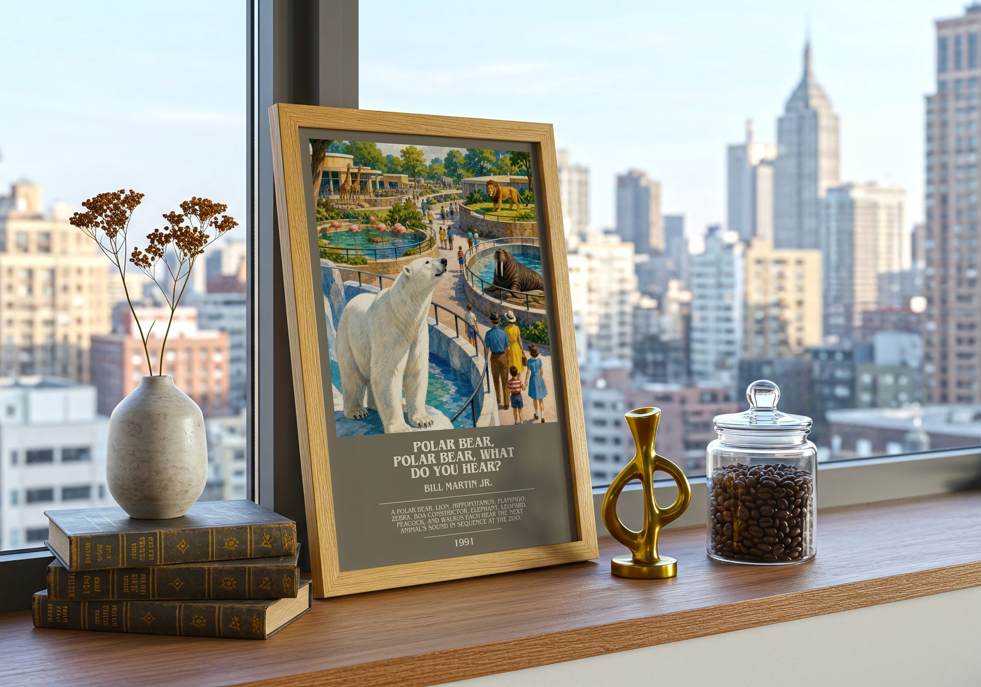 Polar Bear, Polar Bear, What Do You Hear? bookish print framed by window – literary home decor