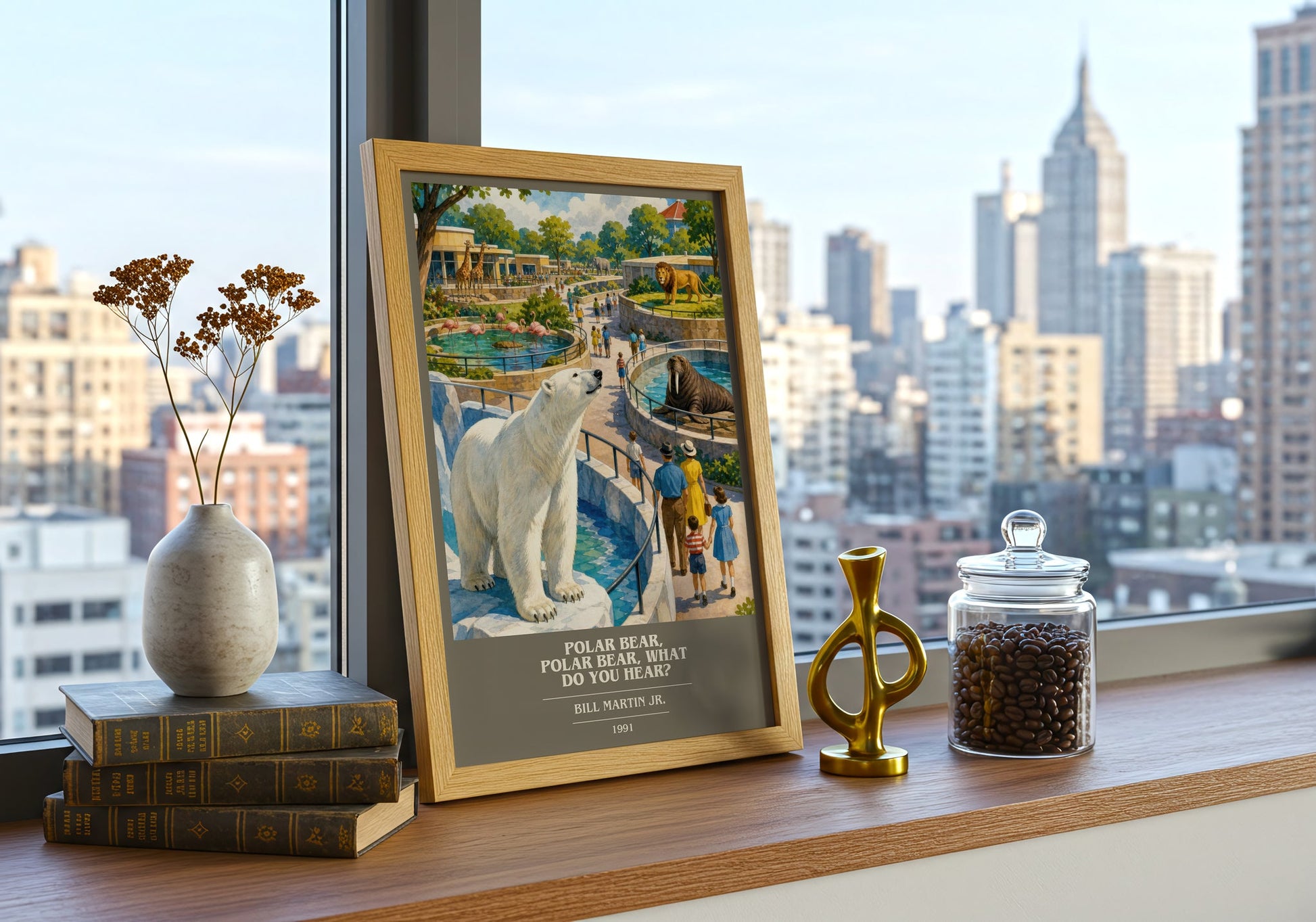 Polar Bear, Polar Bear, What Do You Hear? book cover print framed by window – literary home decor