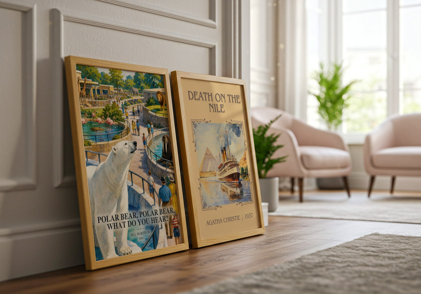 Polar Bear, Polar Bear, What Do You Hear? watercolour print framed by window – literary home decor