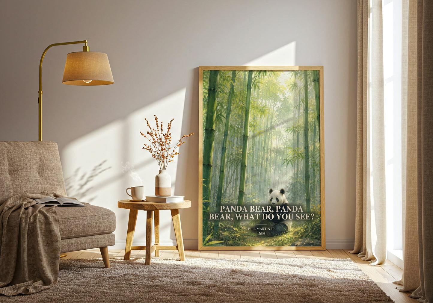 Panda Bear, Panda Bear, What Do You See? watercolour print in frame leaning in hallway – childrens wall art