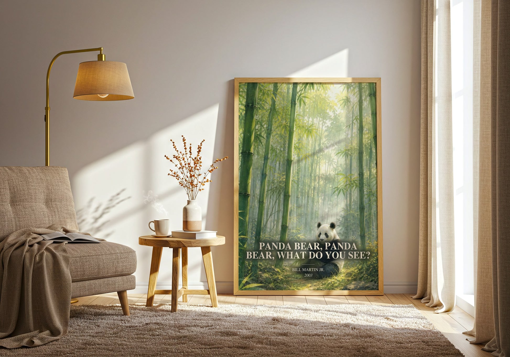 Panda Bear, Panda Bear, What Do You See? watercolour print in frame leaning in hallway – childrens wall art