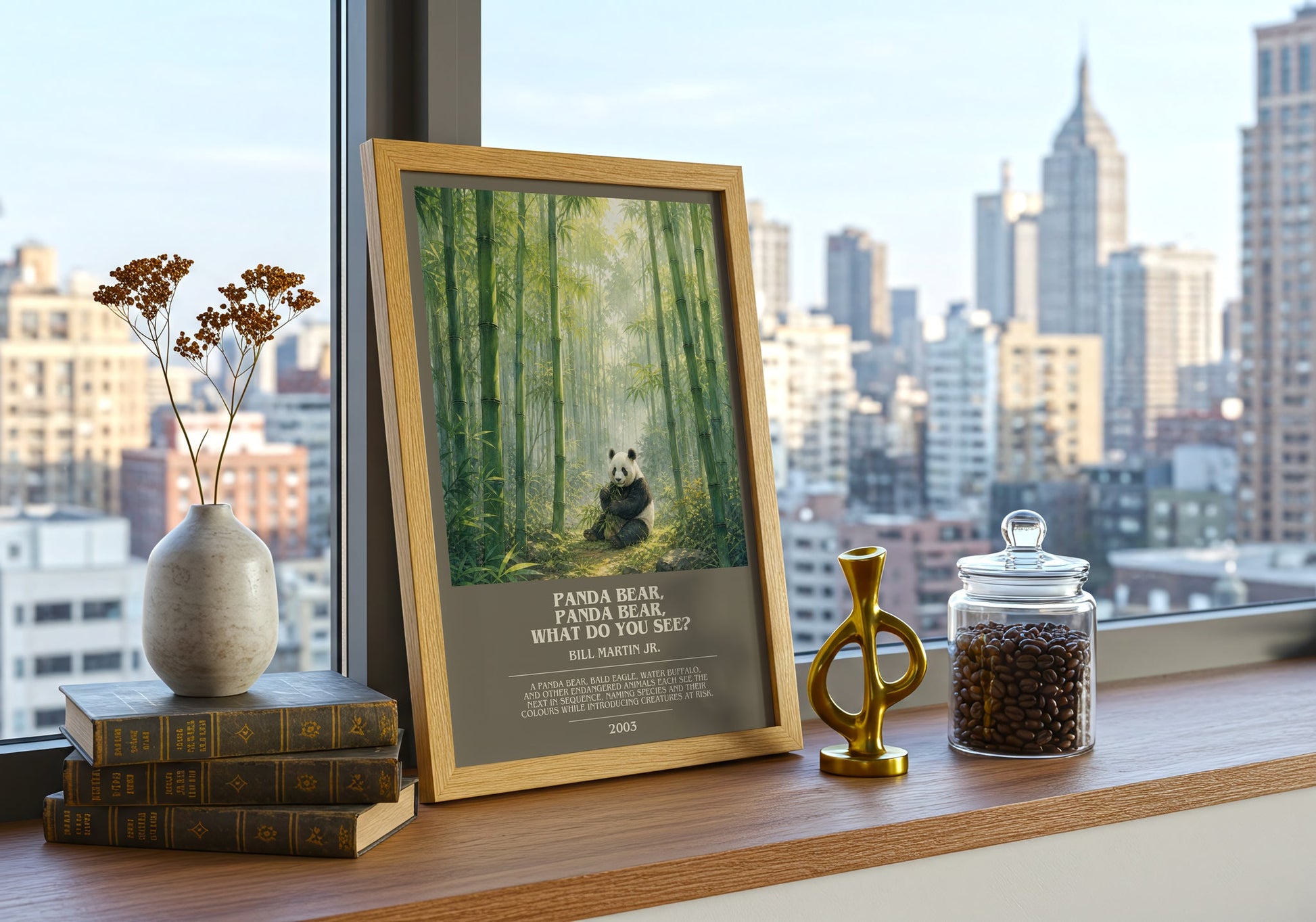 Panda Bear, Panda Bear, What Do You See? bookish print framed by window – literary home decor