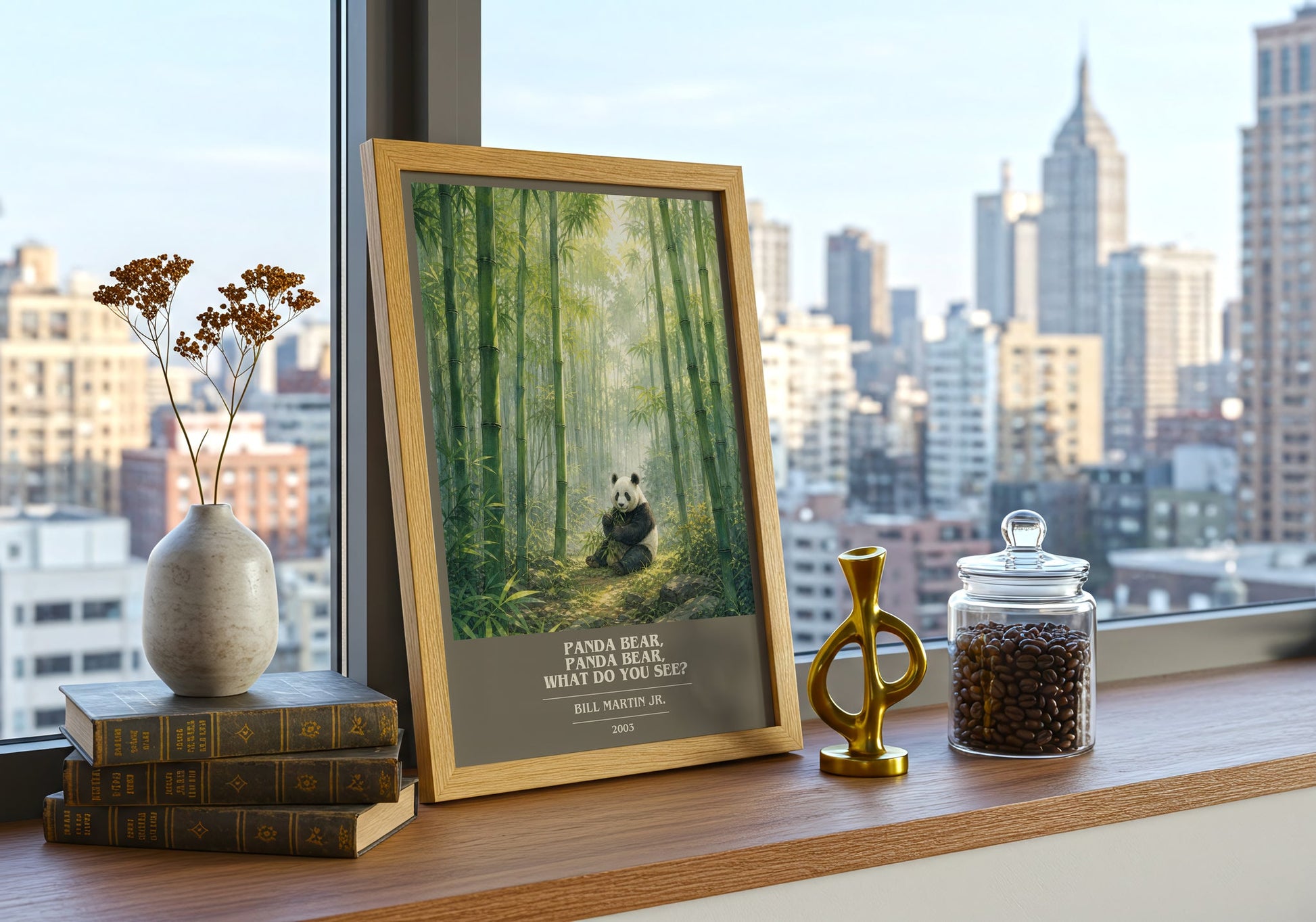 Panda Bear, Panda Bear, What Do You See? book cover print framed by window – literary home decor
